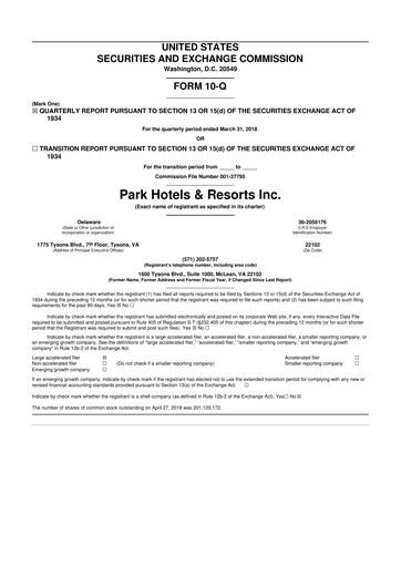 Thumbnail Park Hotels & Resorts

 10-Q Quarterly Report FY2018 