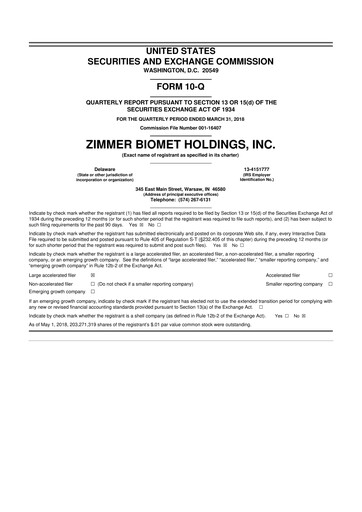 Thumbnail Zimmer Biomet 10-Q Quarterly Report FY2018 