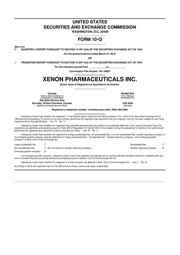 Thumbnail Xenon Pharmaceuticals 10-Q Quarterly Report FY2018 