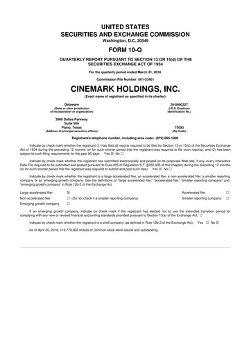 Thumbnail Cinemark Theatres
 10-Q Quarterly Report FY2018 