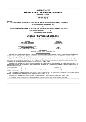 Thumbnail Syndax Pharmaceuticals 10-Q Quarterly Report FY2018 