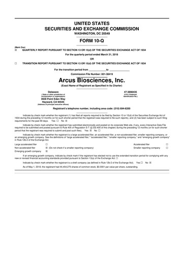 Thumbnail Arcus Biosciences
 10-Q Quarterly Report FY2018 