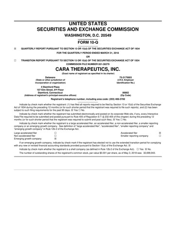 Thumbnail Cara Therapeutics
 10-Q Quarterly Report FY2018 