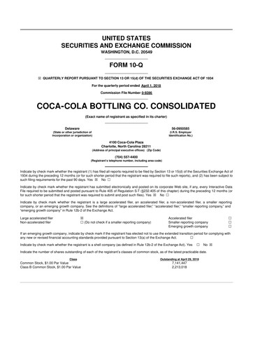 Thumbnail Coca-Cola Consolidated 10-Q Quarterly Report FY2018 