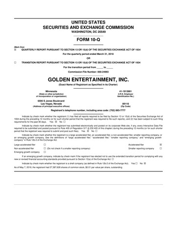 Thumbnail Golden Entertainment
 10-Q Quarterly Report FY2018 