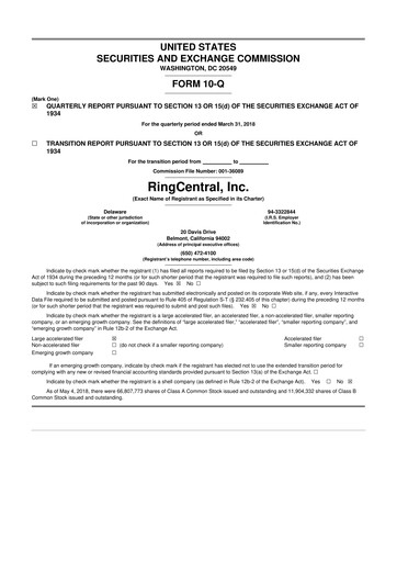 Thumbnail RingCentral
 10-Q Quarterly Report FY2018 