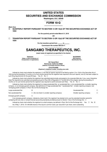 Thumbnail Sangamo Therapeutics
 10-Q Quarterly Report FY2018 