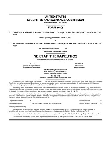 Thumbnail Nektar Therapeutics
 10-Q Quarterly Report FY2018 