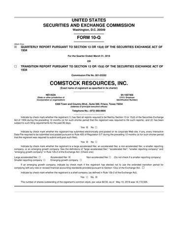 Thumbnail Comstock Resources 10-Q Quarterly Report FY2018 