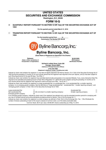 Miniature Byline Bancorp 10-Q Rapport trimestriel 2018 