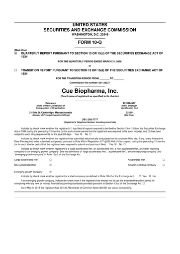 Miniature Cue Biopharma 10-Q Rapport trimestriel 2018 