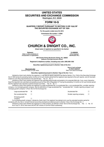 Thumbnail Church & Dwight
 10-Q Quarterly Report FY2018 