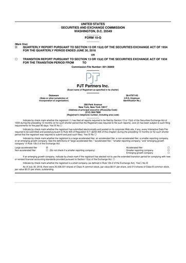 Miniature PJT Partners
 10-Q Rapport trimestriel 2018 