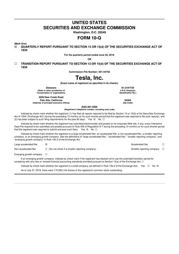 Miniature Tesla 10-Q Rapport trimestriel 2018 