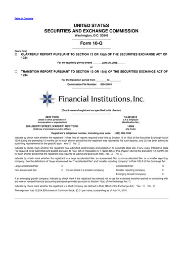 Thumbnail Financial Institutions 10-Q Quarterly Report FY2018 