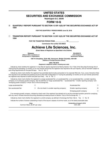 Thumbnail Achieve Life Sciences
 10-Q Quarterly Report FY2018 