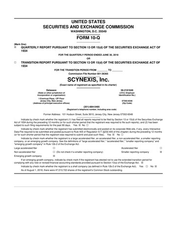 Thumbnail SCYNEXIS 10-Q Quarterly Report FY2018 