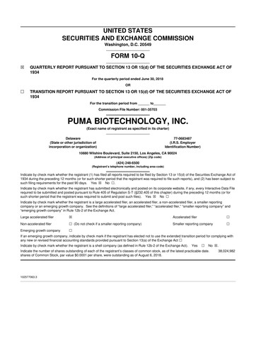 Miniature Puma Biotechnology 10-Q Rapport trimestriel 2018 