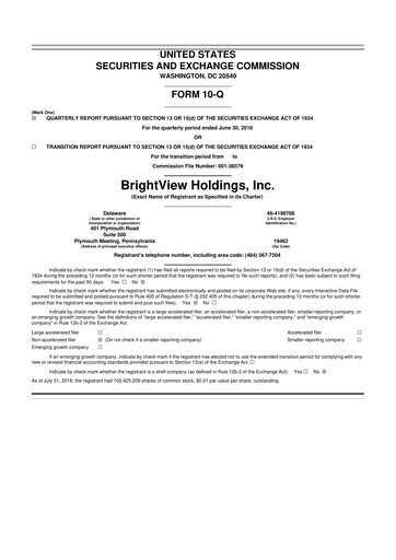 Thumbnail BrightView
 10-Q Quarterly Report FY2018 