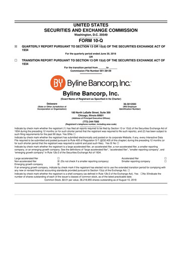 Miniature Byline Bancorp 10-Q Rapport trimestriel 2018 