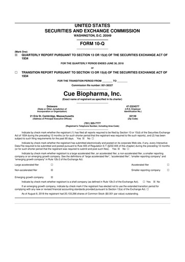 Miniature Cue Biopharma 10-Q Rapport trimestriel 2018 