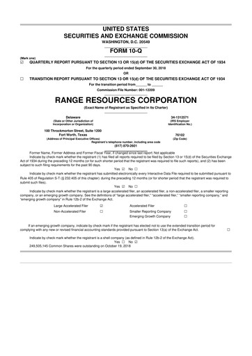 Thumbnail Range Resources
 10-Q Quarterly Report FY2018 