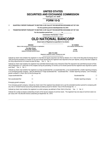 Thumbnail Old National Bank
 10-Q Quarterly Report FY2018 