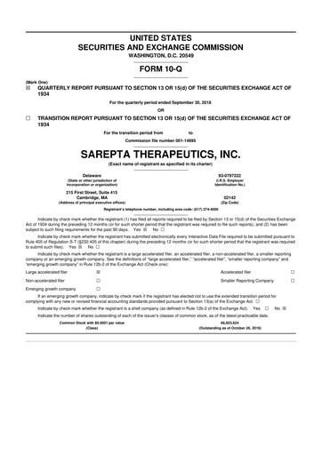 Thumbnail Sarepta Therapeutics
 10-Q Quarterly Report FY2018 