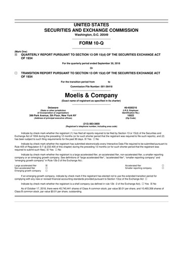 Miniature Moelis & Company 10-Q Rapport trimestriel 2018 