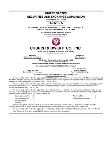 Thumbnail Church & Dwight
 10-Q Quarterly Report FY2018 