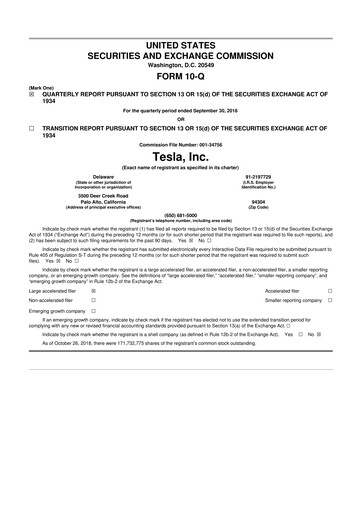 Miniature Tesla 10-Q Rapport trimestriel 2018 