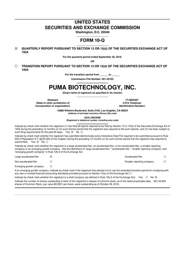 Miniature Puma Biotechnology 10-Q Rapport trimestriel 2018 