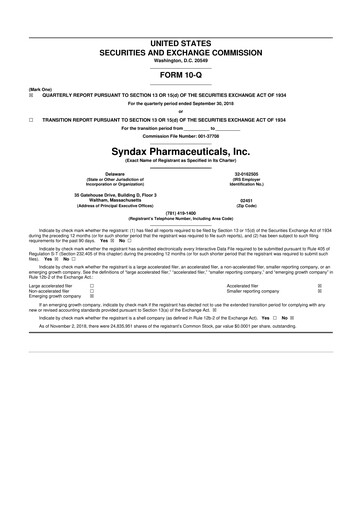 Thumbnail Syndax Pharmaceuticals 10-Q Quarterly Report FY2018 