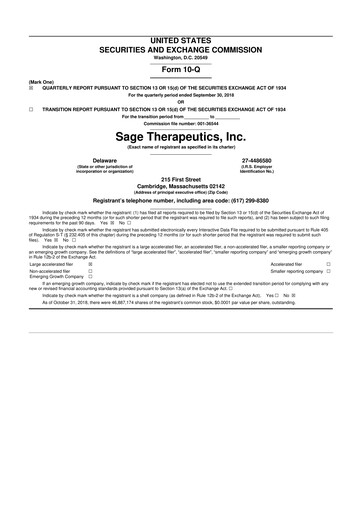 Thumbnail Sage Therapeutics
 10-Q Quarterly Report FY2018 