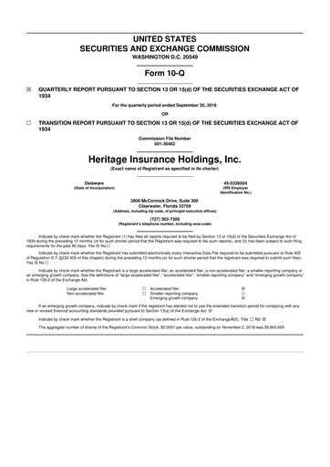 Miniature Heritage Insurance 10-Q Rapport trimestriel 2018 