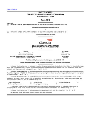 Thumbnail Devon Energy
 10-Q Quarterly Report FY2018 