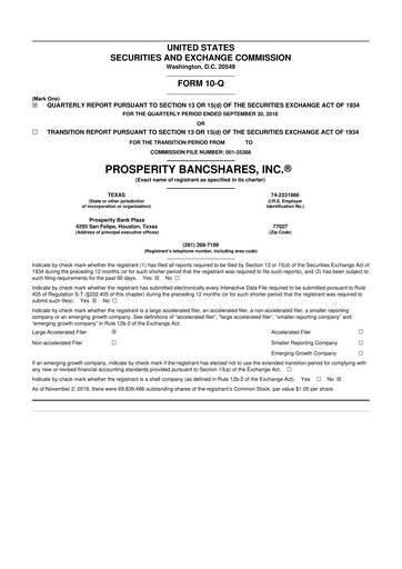 Thumbnail Prosperity Bancshares
 10-Q Quarterly Report FY2018 
