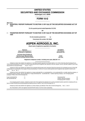 Vorschaubild Aspen Aerogels 10-Q Quartalsbericht 2018 