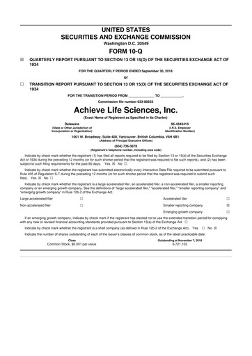 Thumbnail Achieve Life Sciences
 10-Q Quarterly Report FY2018 