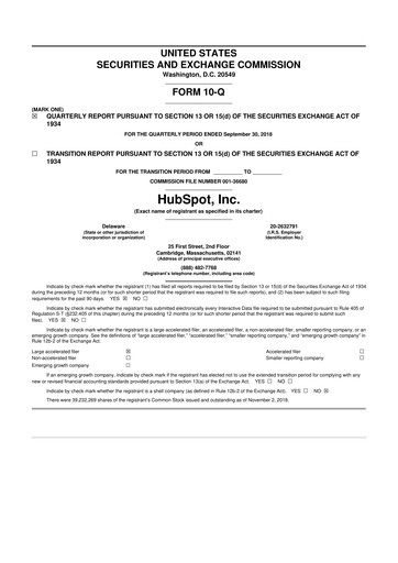 Vorschaubild HubSpot 10-Q Quartalsbericht 2018 