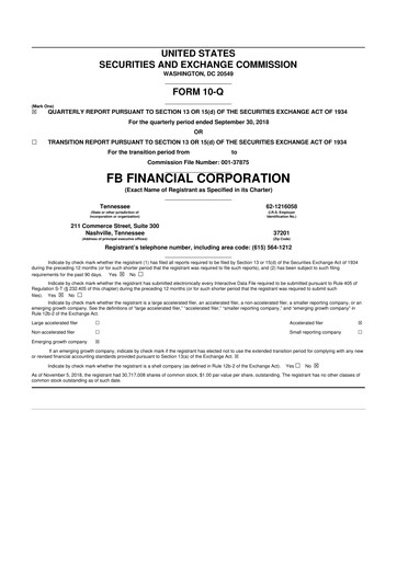 Thumbnail FB Financial 10-Q Quarterly Report FY2018 
