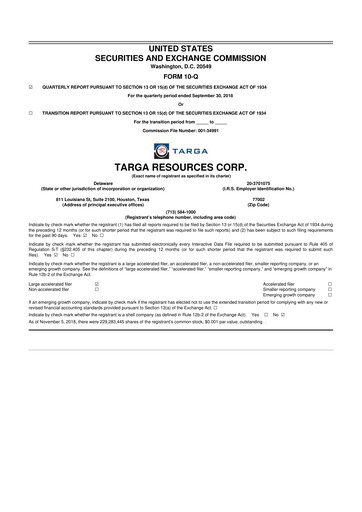 Thumbnail Targa Resources
 10-Q Quarterly Report FY2018 