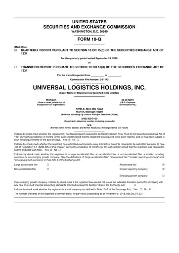 Thumbnail Universal Logistics Holdings 10-Q Quarterly Report FY2018 
