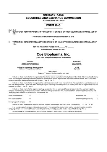 Miniature Cue Biopharma 10-Q Rapport trimestriel 2018 