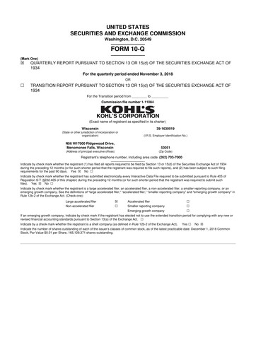 Thumbnail Kohl's
 10-Q Quarterly Report FY2018 