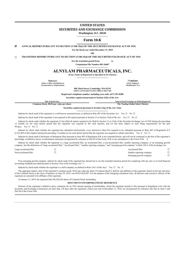 Thumbnail Alnylam Pharmaceuticals
 10-K Annual Report 2018