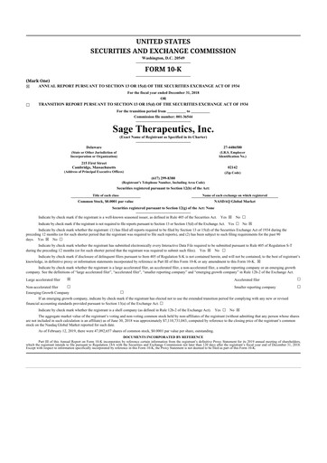 Thumbnail Sage Therapeutics
 10-K Annual Report 2018