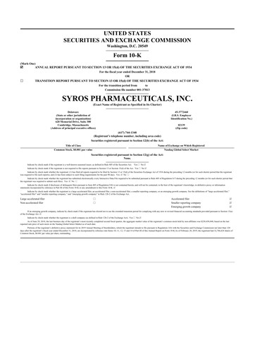 Thumbnail Syros Pharmaceuticals
 10-K Annual Report 2018