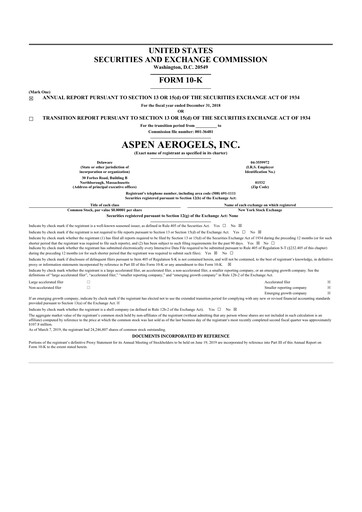 Thumbnail Aspen Aerogels 10-K Annual Report 2018