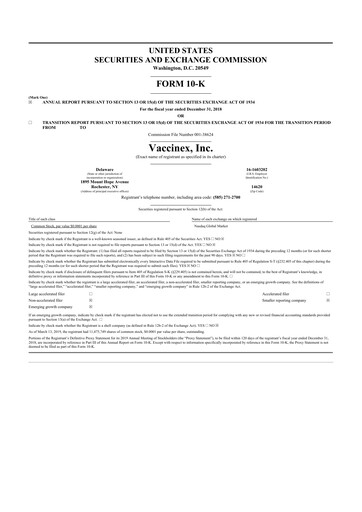 Thumbnail Vaccinex 10-K Annual Report 2018